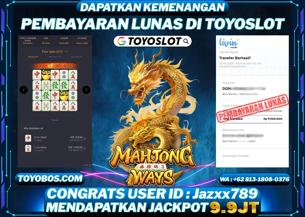 TOYOSLOT - BUKTI KEMENANGAN Mahjong Ways Rp9,900,000,- LUNAS